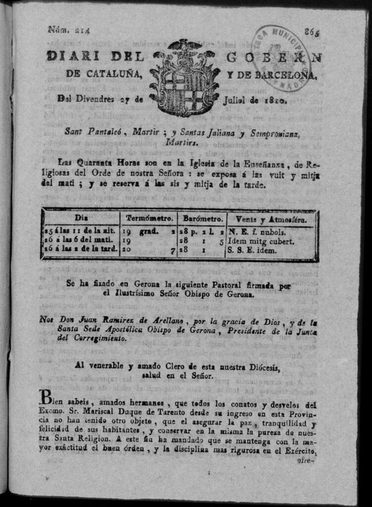 Miniatura de Diario de Barcelona del viernes 27 de julio 1810