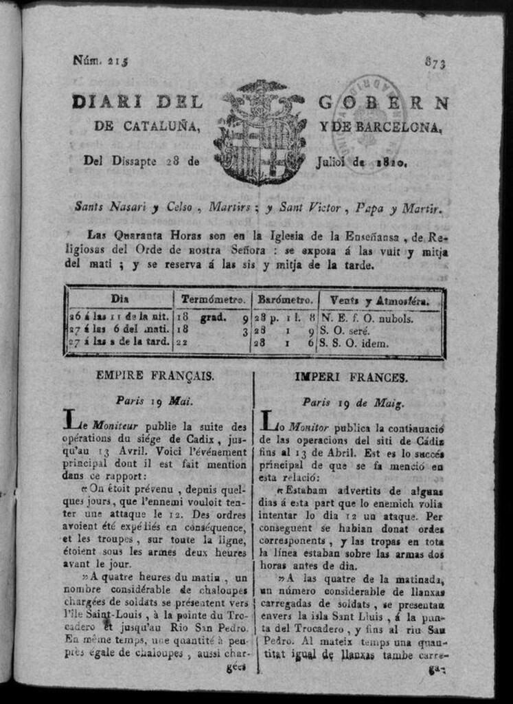 Miniatura de Diario de Barcelona del sábado 28 de julio 1810