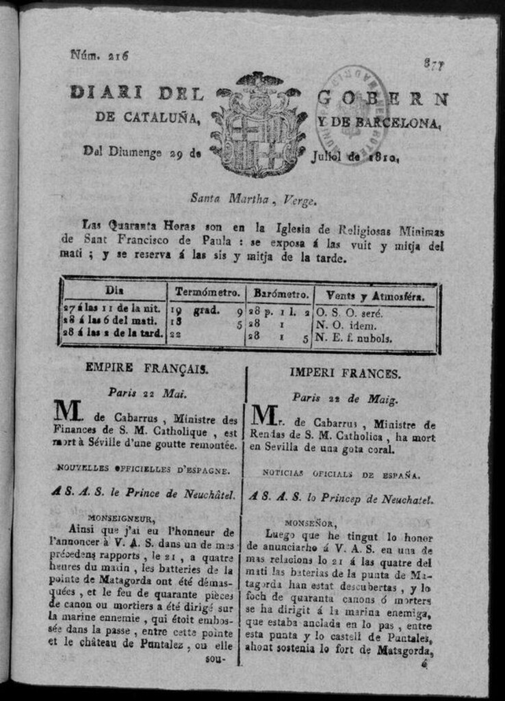 Miniatura de Diario de Barcelona del domingo 29 de julio 1810