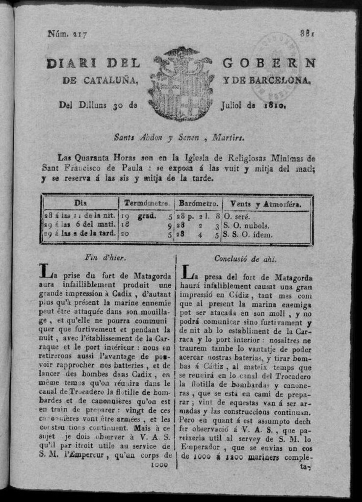 Miniatura de Diario de Barcelona del lunes 30 de julio 1810