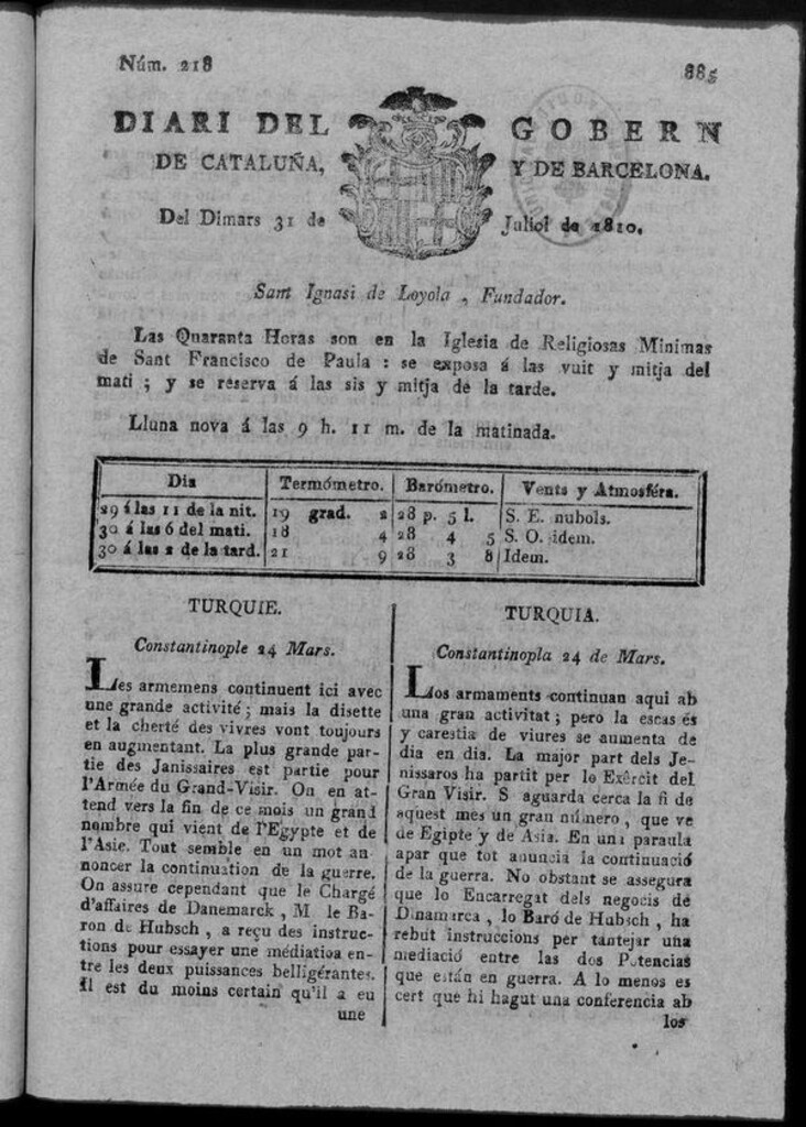 Miniatura de Diario de Barcelona del martes 31 de julio 1810