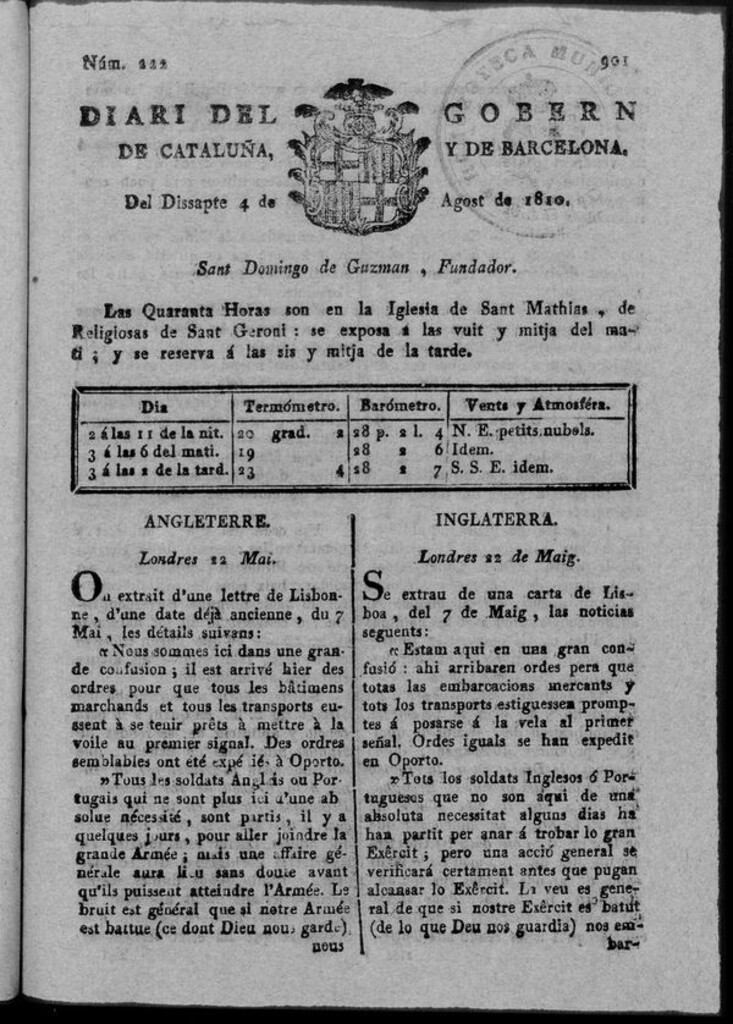Miniatura de Diario de Barcelona del sábado 4 de agosto 1810