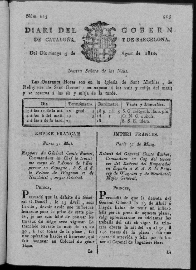 Miniatura de Diario de Barcelona del domingo 5 de agosto 1810