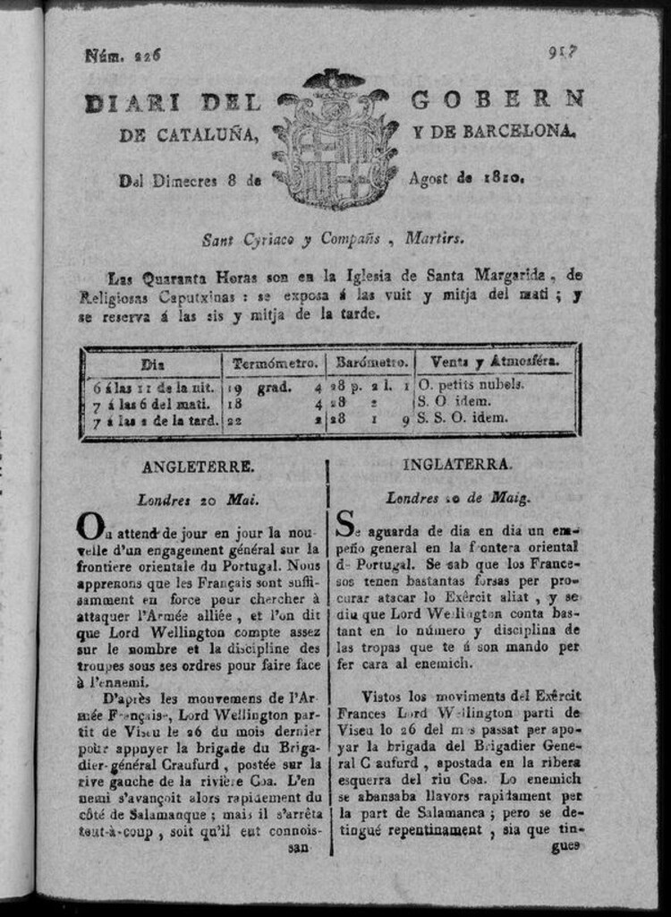 Miniatura de Diario de Barcelona del miércoles 8 de agosto 1810