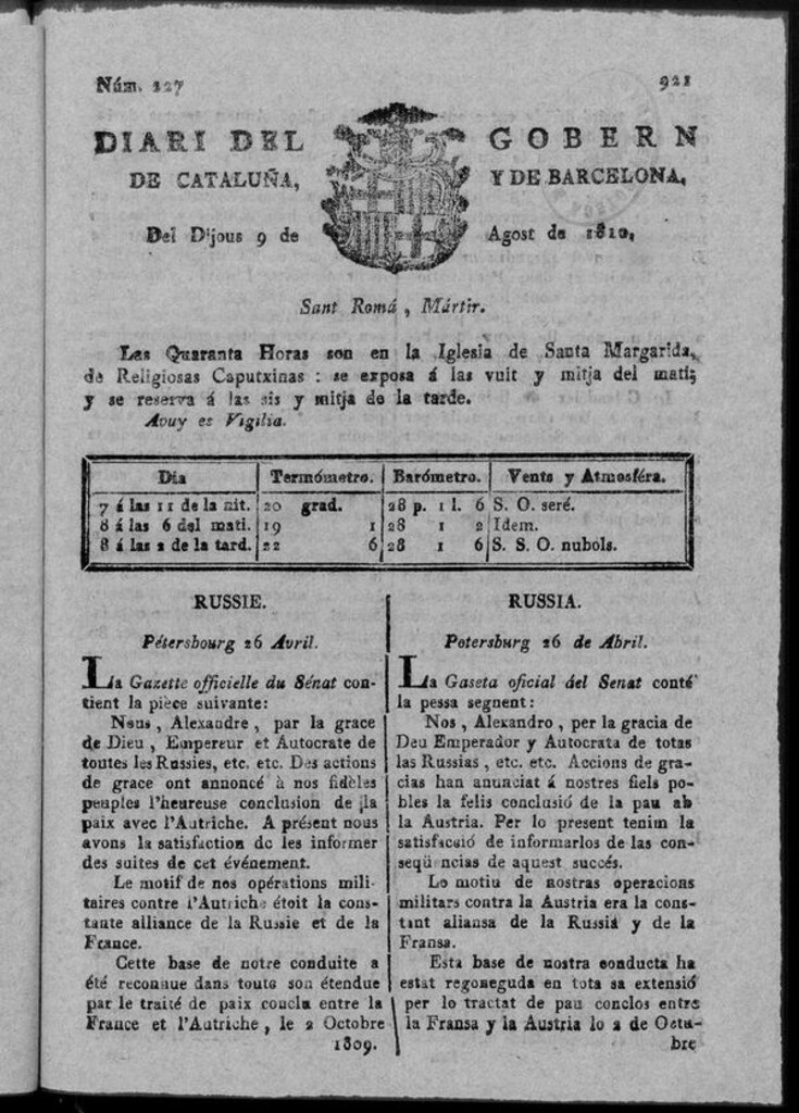 Miniatura de Diario de Barcelona del jueves 9 de agosto 1810