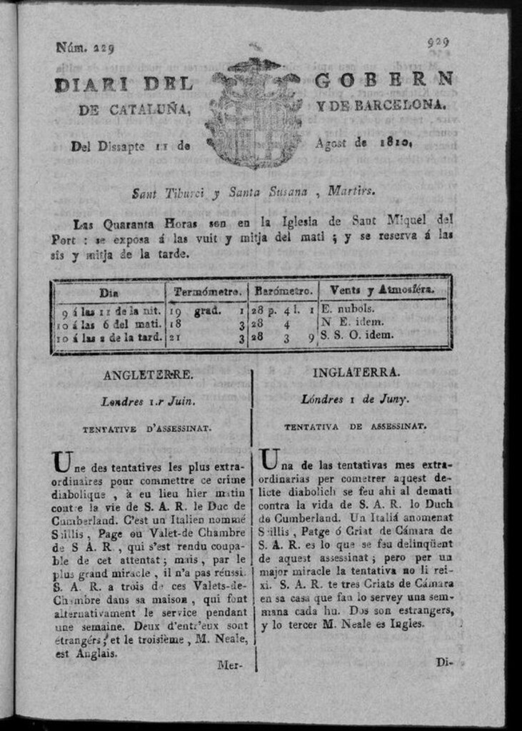Miniatura de Diario de Barcelona del sábado 11 de agosto 1810