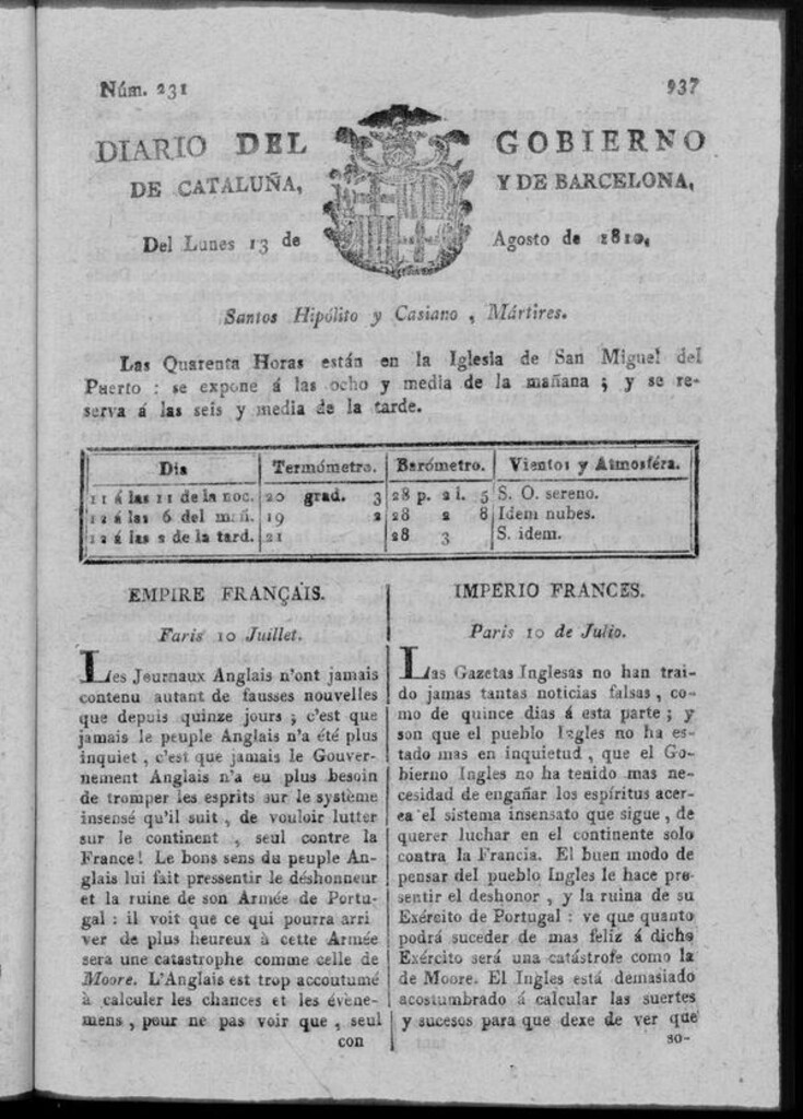 Miniatura de Diario de Barcelona del lunes 13 de agosto 1810