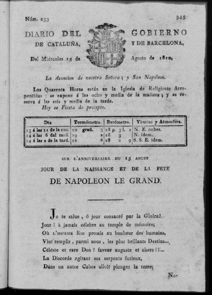 Miniatura de Diario de Barcelona del miércoles 15 de agosto 1810
