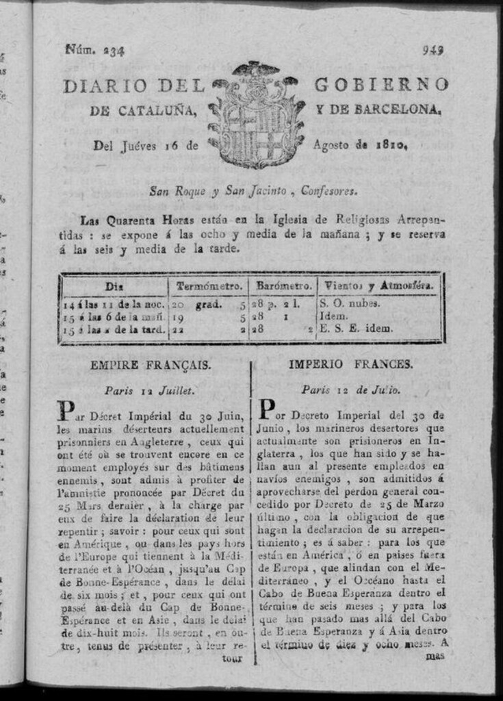 Miniatura de Diario de Barcelona del jueves 16 de agosto 1810