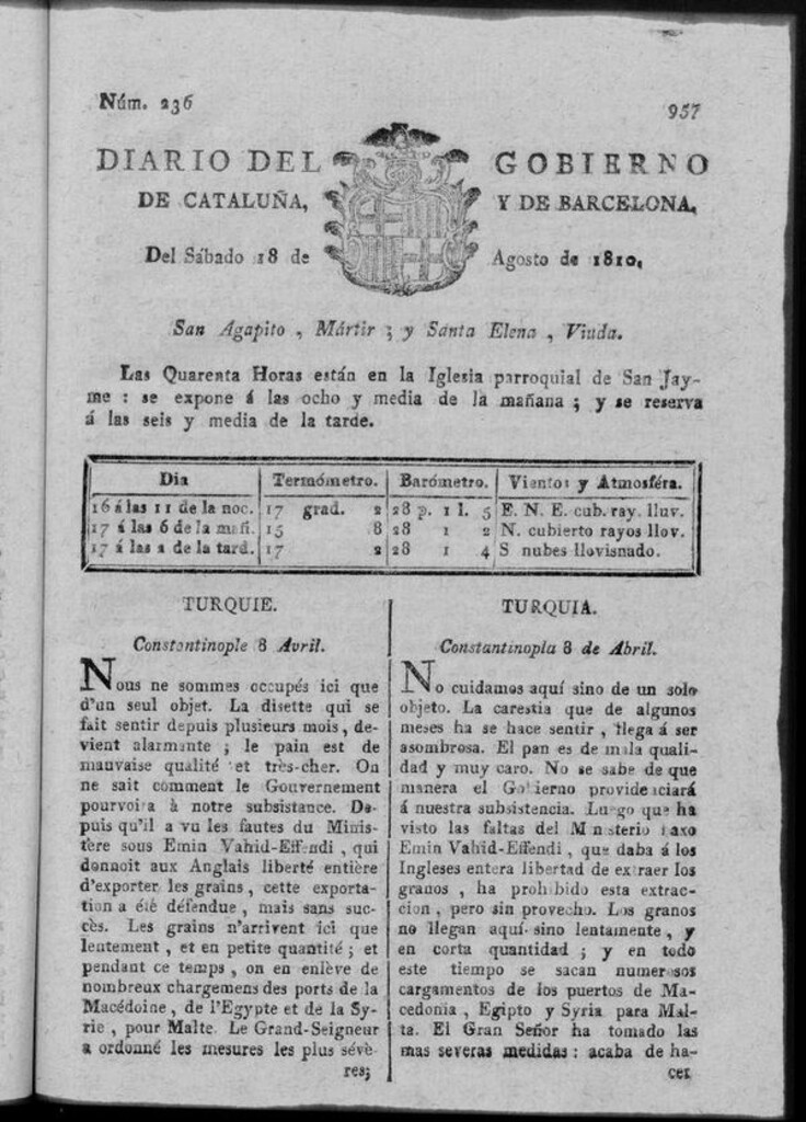 Miniatura de Diario de Barcelona del sábado 18 de agosto 1810