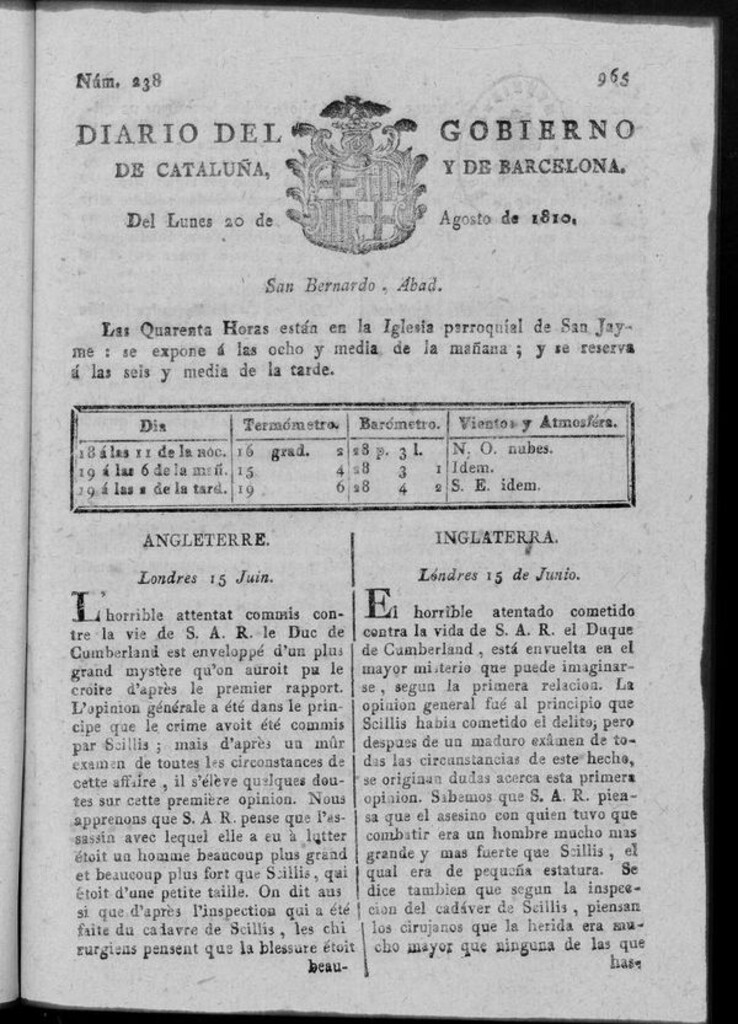 Miniatura de Diario de Barcelona del lunes 20 de agosto 1810