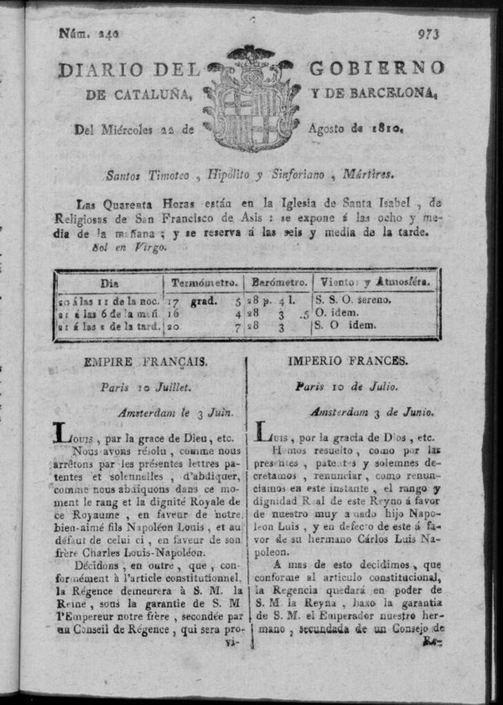 Miniatura de Diario de Barcelona del miércoles 22 de agosto 1810