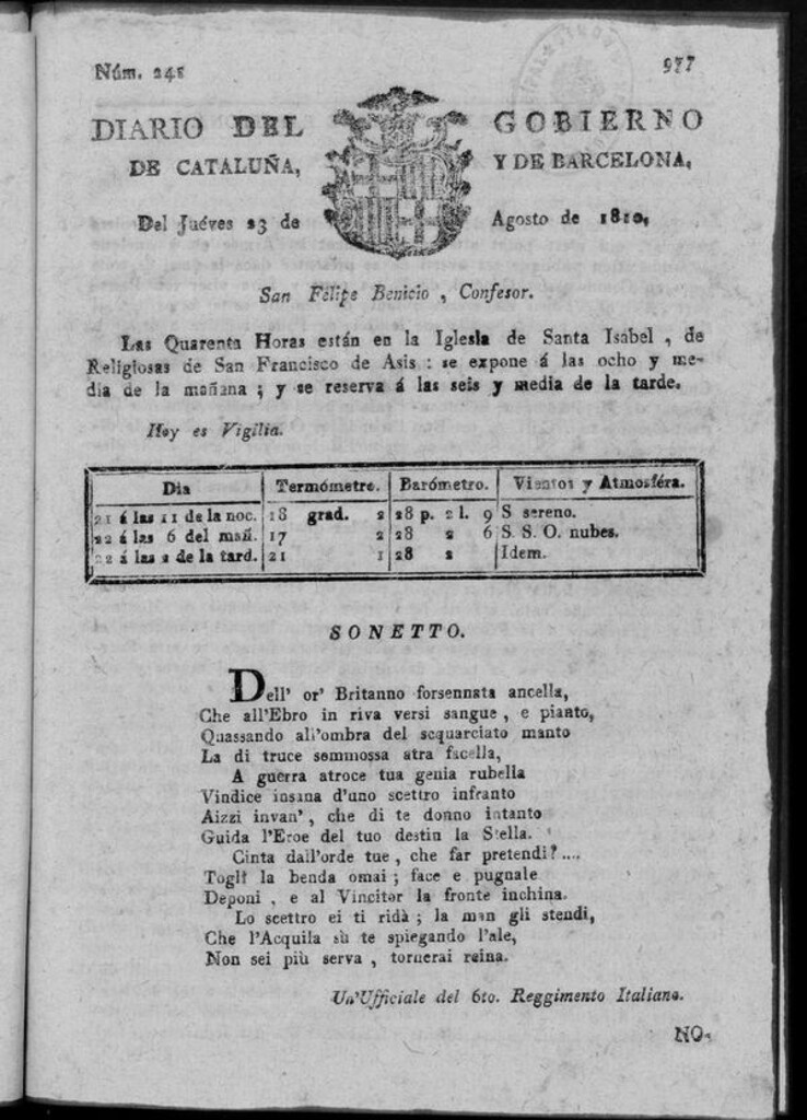 Miniatura de Diario de Barcelona del jueves 23 de agosto 1810