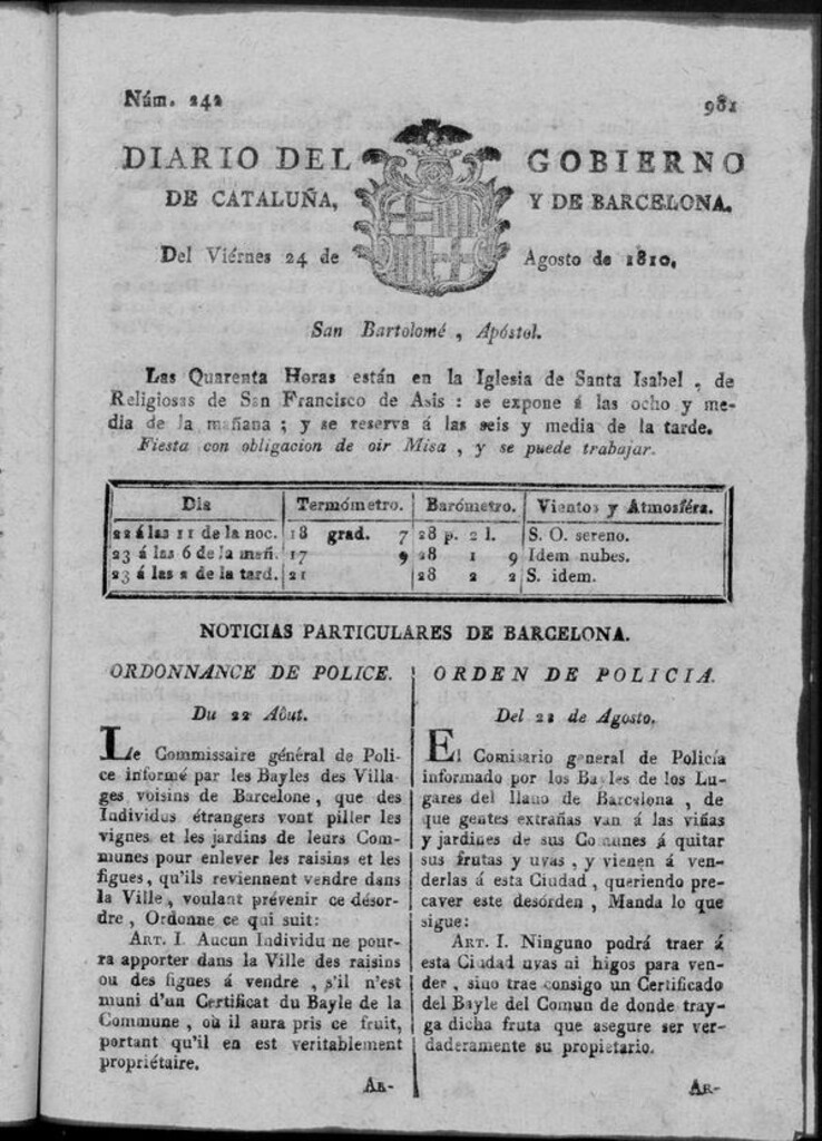 Miniatura de Diario de Barcelona del viernes 24 de agosto 1810