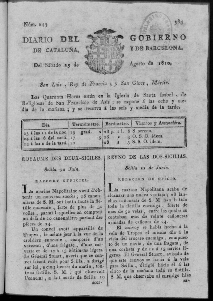 Miniatura de Diario de Barcelona del sábado 25 de agosto 1810