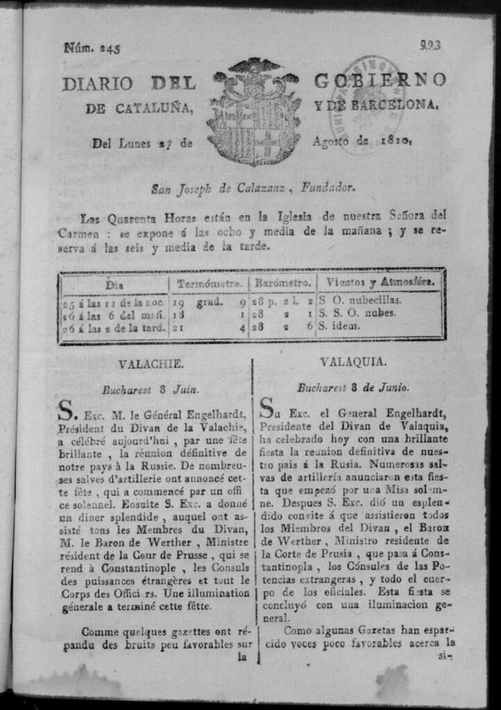 Miniatura de Diario de Barcelona del lunes 27 de agosto 1810