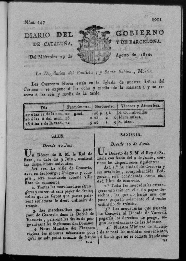 Miniatura de Diario de Barcelona del miércoles 29 de agosto 1810