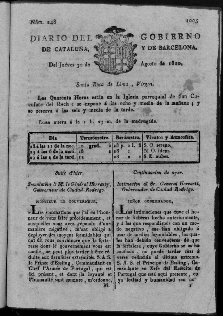 Miniatura de Diario de Barcelona del jueves 30 de agosto 1810