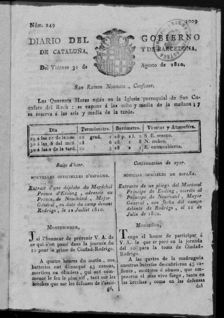 Miniatura de Diario de Barcelona del viernes 31 de agosto 1810