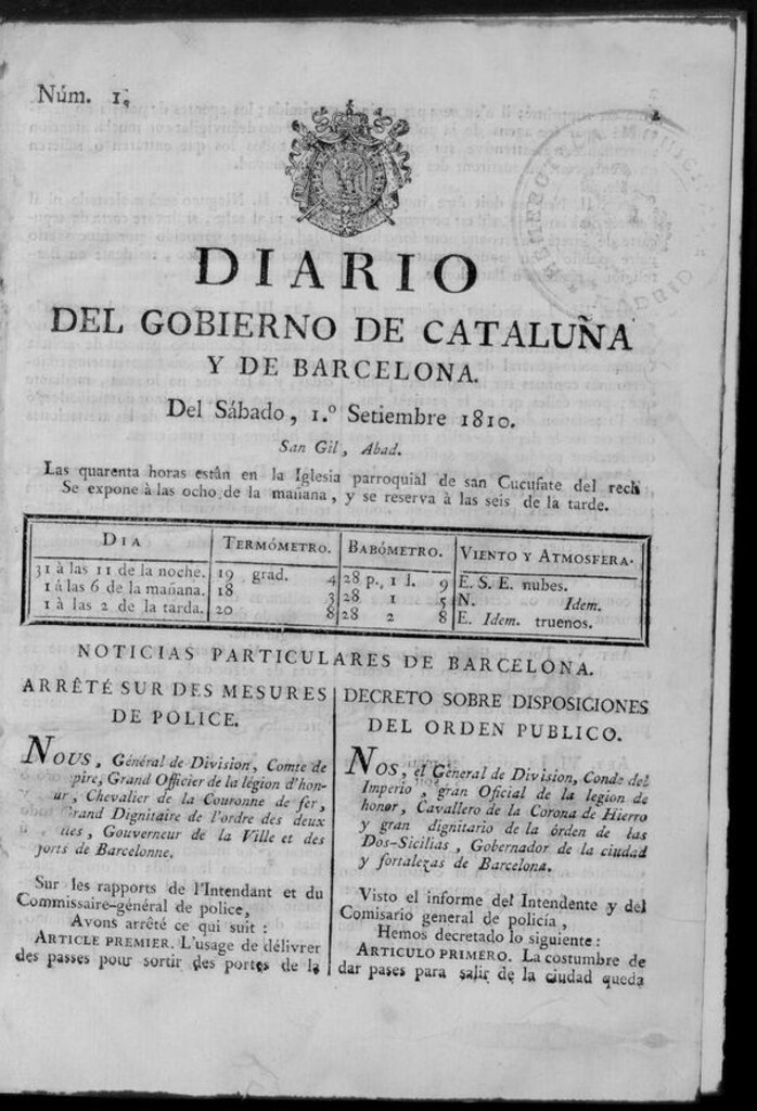 Miniatura de Diario de Barcelona del sábado 1 de septiembre 1810