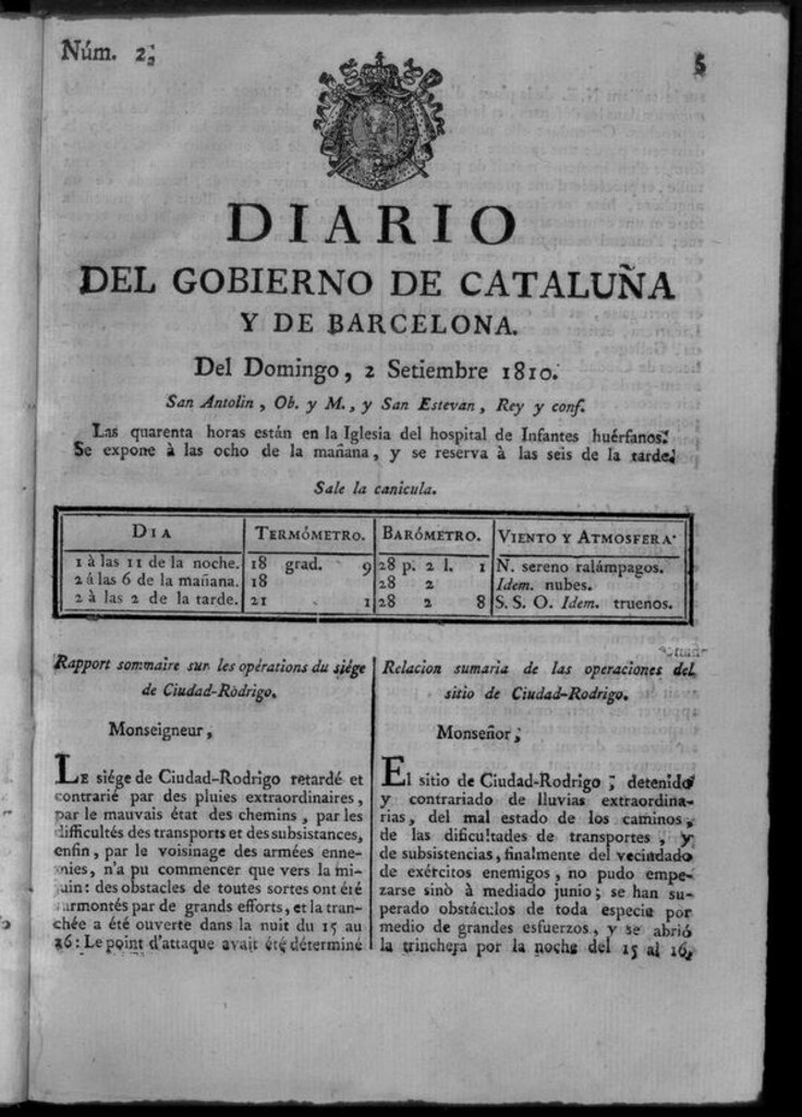 Miniatura de Diario de Barcelona del domingo 2 de septiembre de 1810