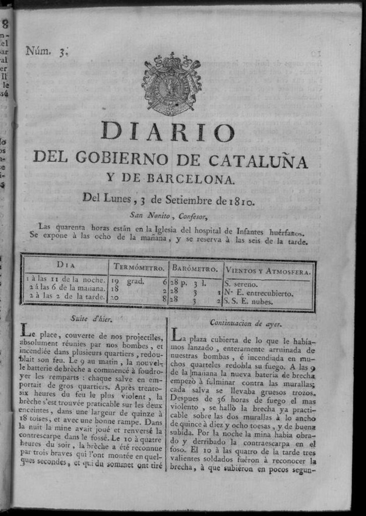 Miniatura de Diario de Barcelona del lunes 3 de septiembre de 1810