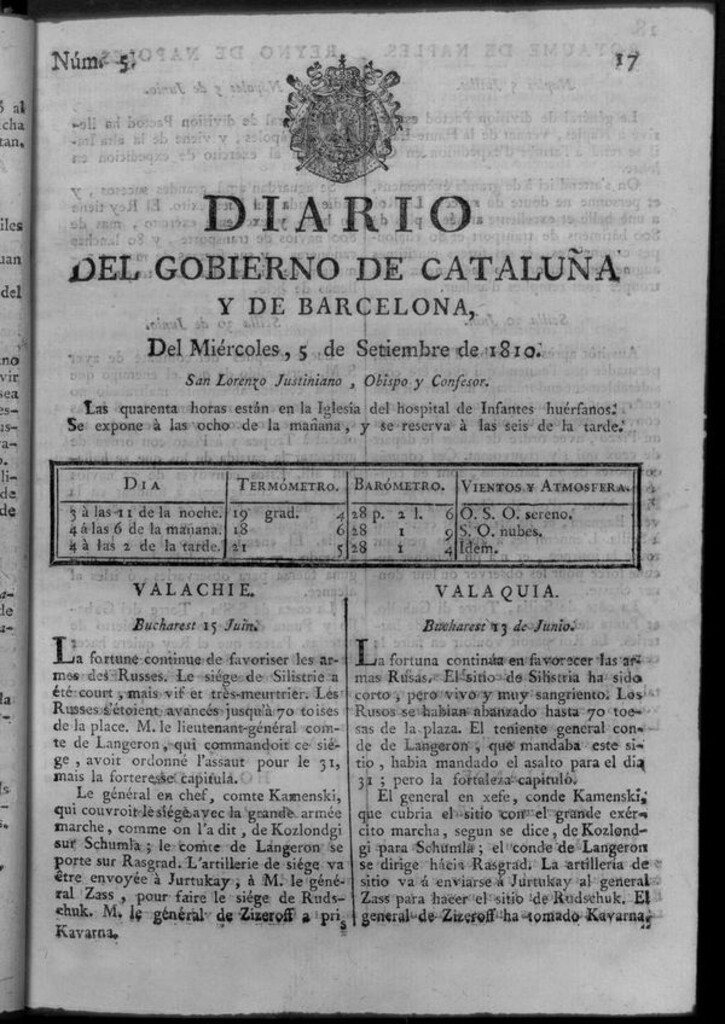 Miniatura de Diario de Barcelona del miércoles 5 de septiembre de 1810