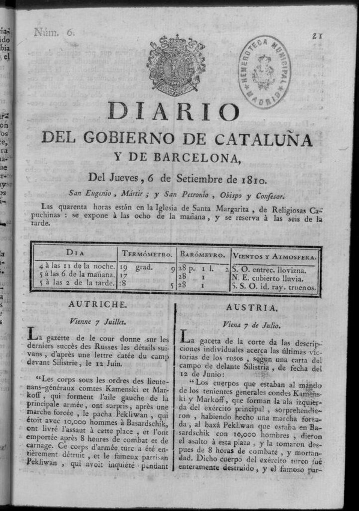 Miniatura de Diario de Barcelona del jueves 6 de septiembre de 1810