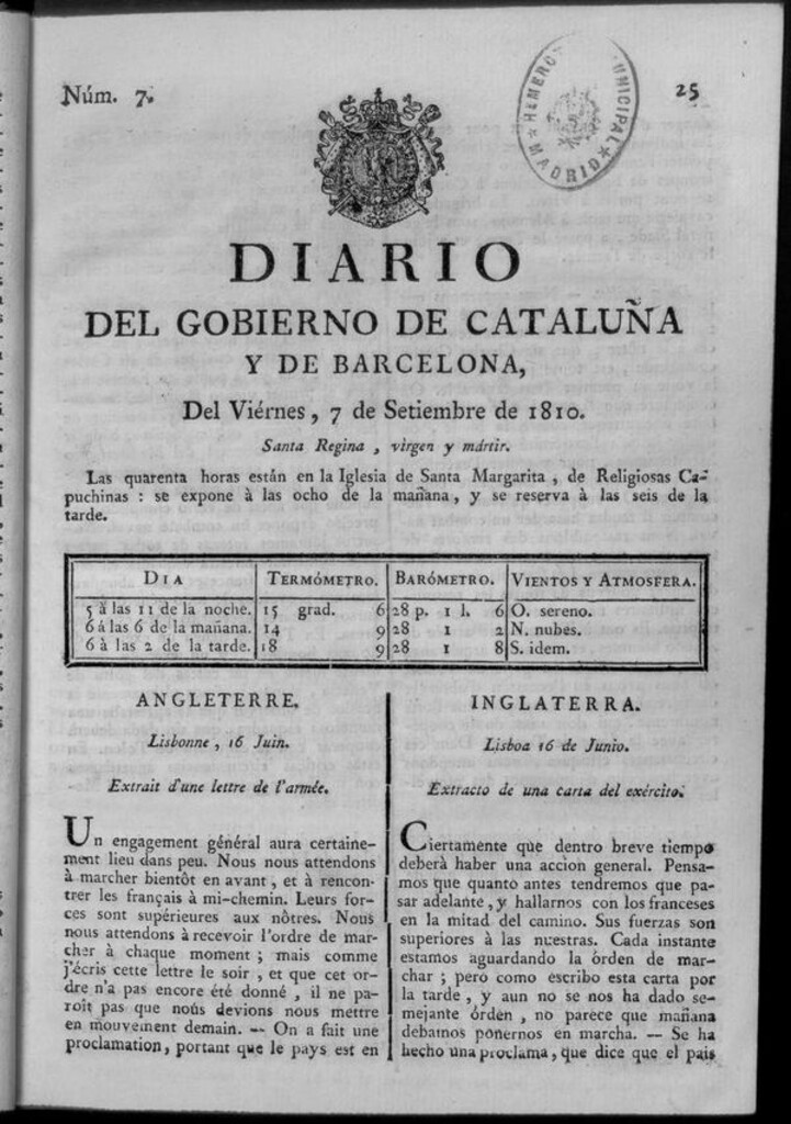 Miniatura de Diario de Barcelona del viernes 7 de septiembre de 1810