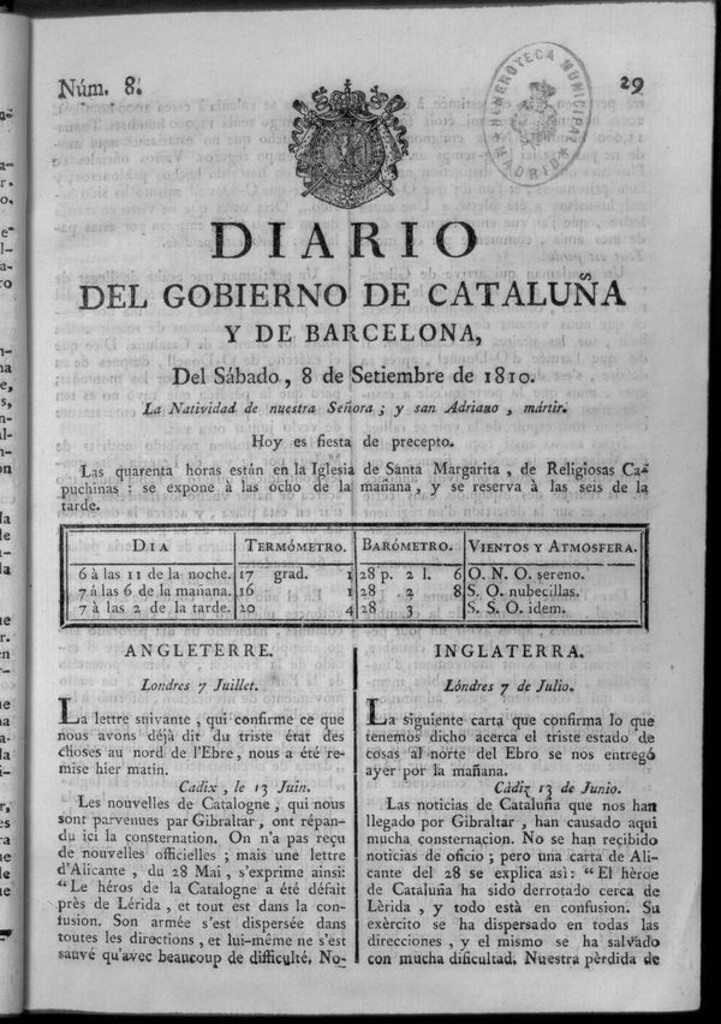 Miniatura de Diario de Barcelona del sábado 8 de septiembre de 1810