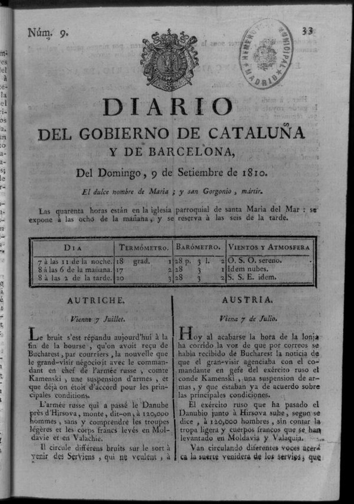 Miniatura de Diario de Barcelona del domingo 9 de septiembre de 1810