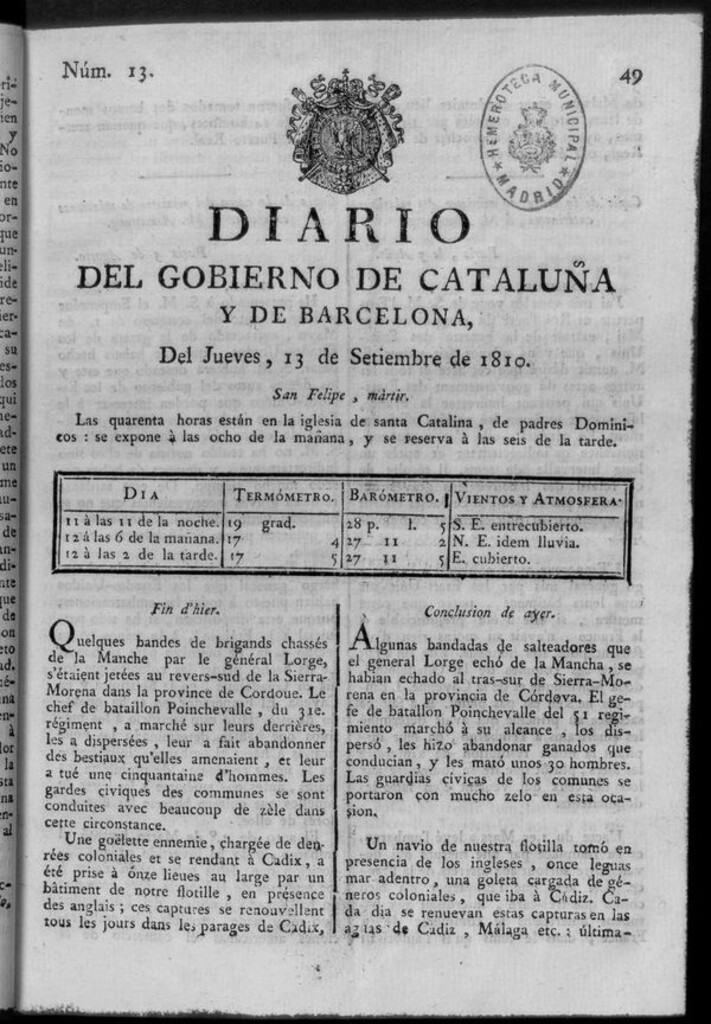 Miniatura de Diario de Barcelona del jueves 13 de septiembre de 1810