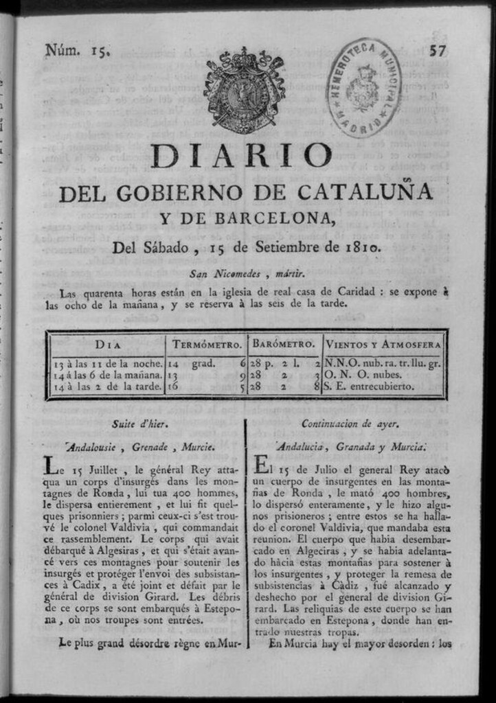 Miniatura de Diario de Barcelona del sábado 15 de septiembre de 1810