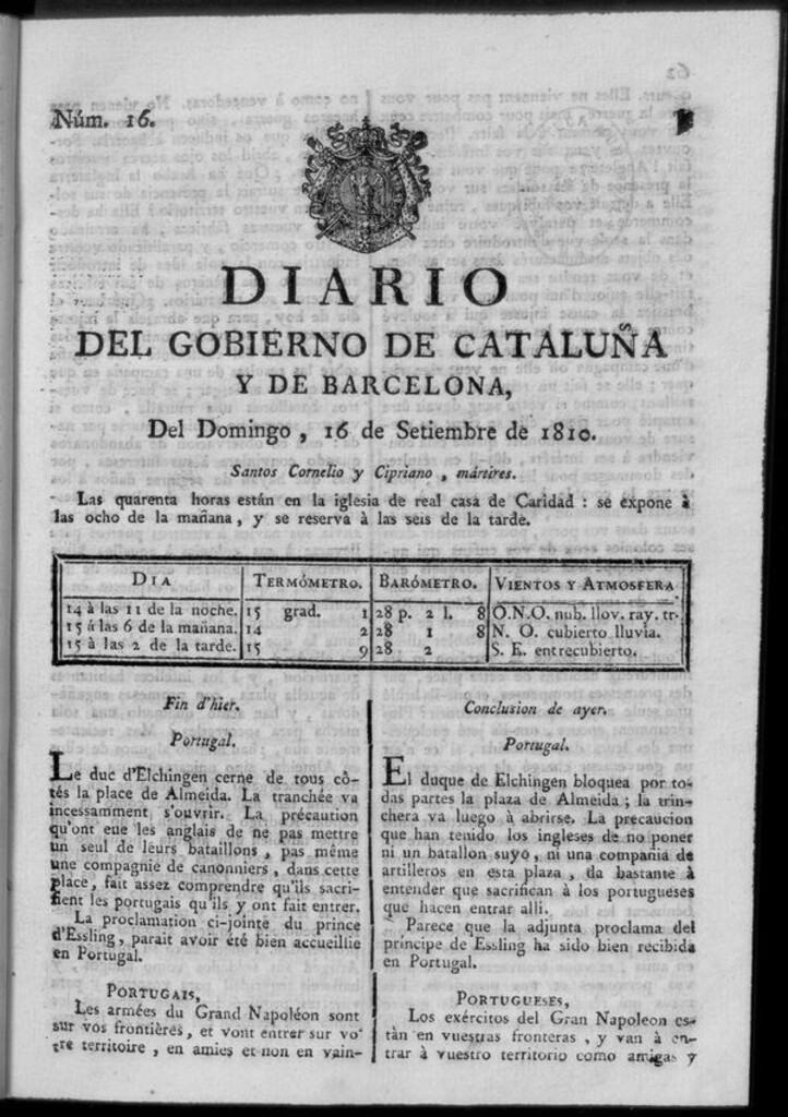 Miniatura de Diario de Barcelona del domingo 16 de septiembre de 1810