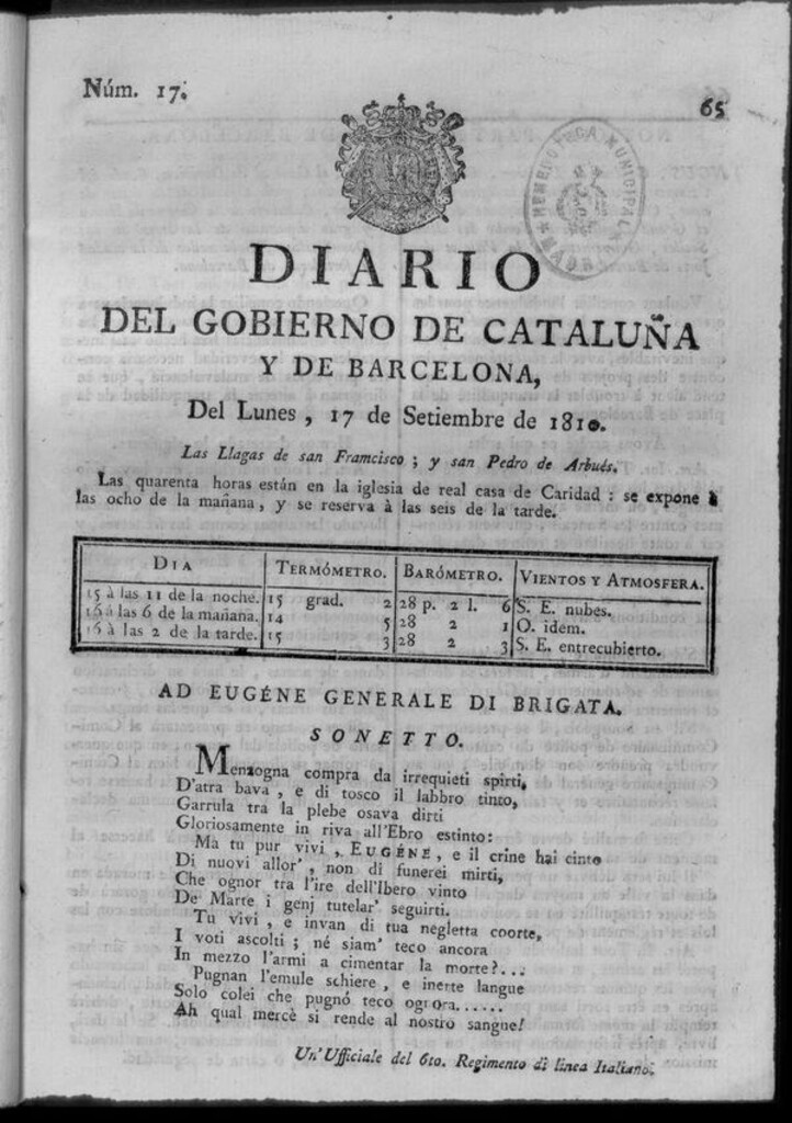 Miniatura de Diario de Barcelona del lunes 17 de septiembre de 1810