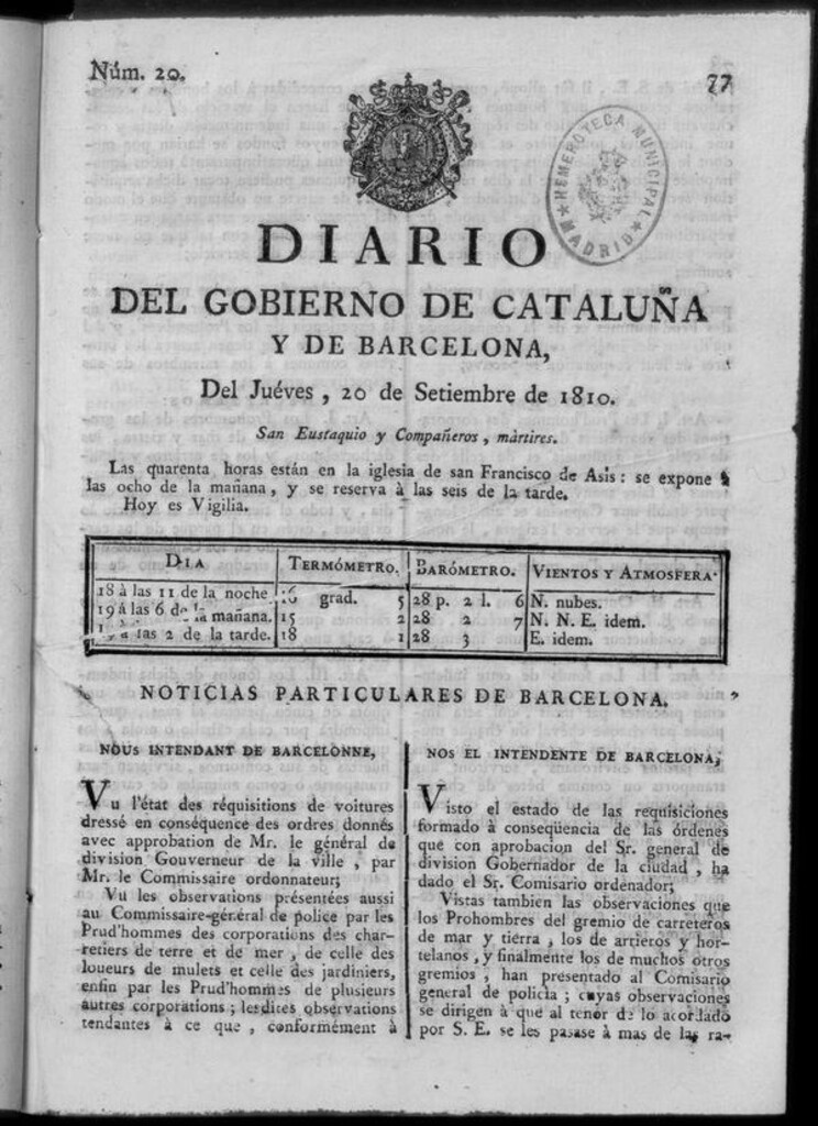 Miniatura de Diario de Barcelona del jueves 20 de septiembre de 1810