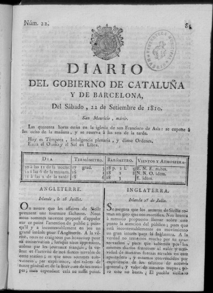 Miniatura de Diario de Barcelona del sábado 22 de septiembre de 1810