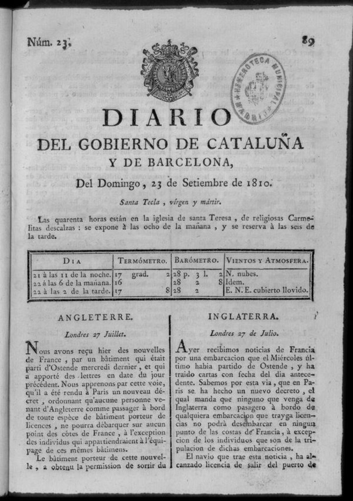 Miniatura de Diario de Barcelona del domingo 23 de septiembre de 1810