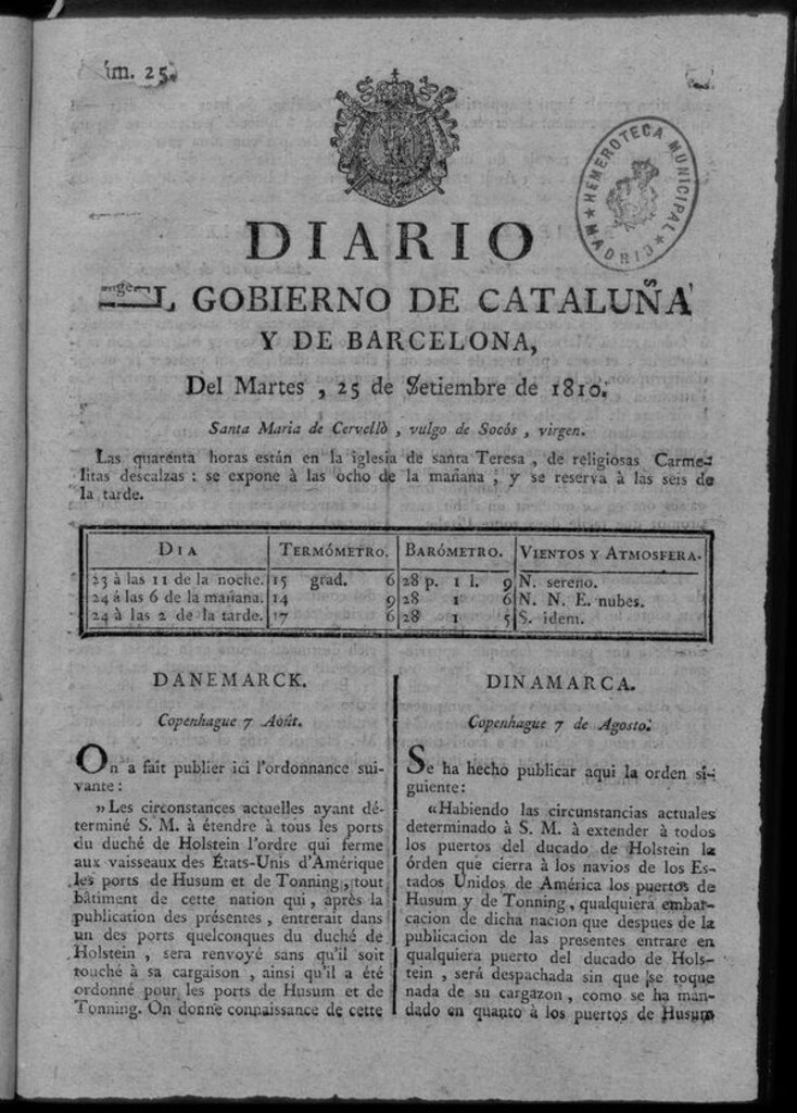 Miniatura de Diario de Barcelona del martes 25 de septiembre de 1810