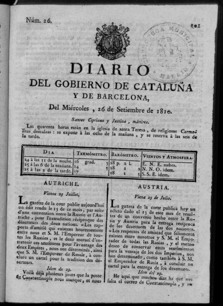 Miniatura de Diario de Barcelona del miércoles 26 de septiembre de 1810