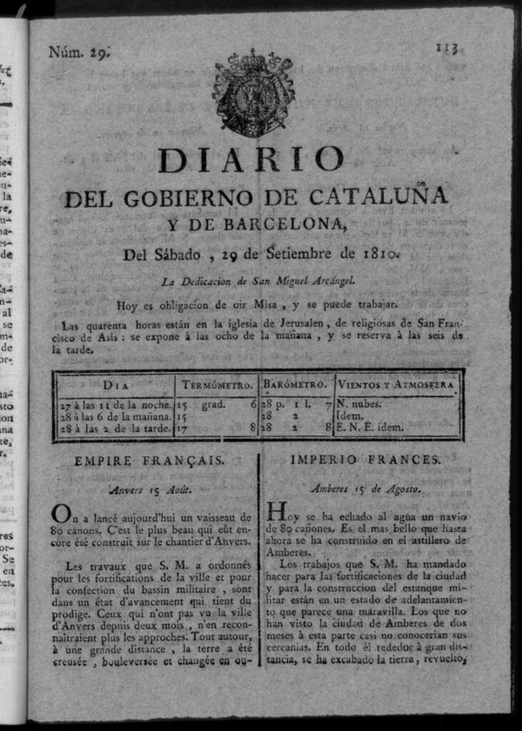 Miniatura de Diario de Barcelona del sábado 29 de septiembre de 1810