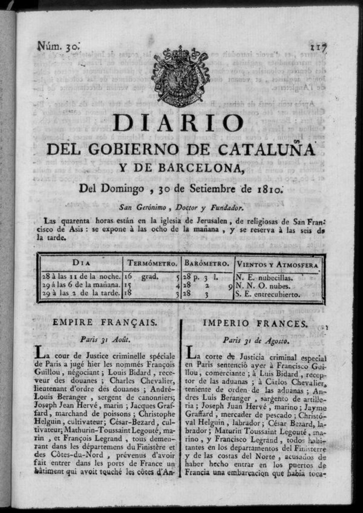 Miniatura de Diario de Barcelona del domingo 30 de septiembre de 1810