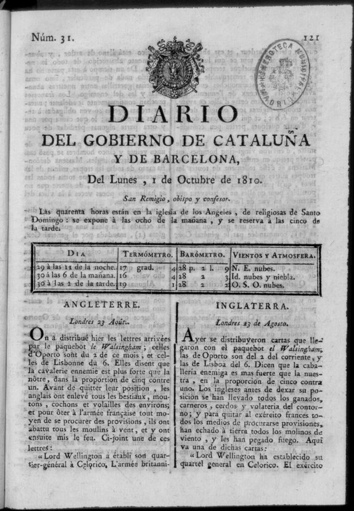 Miniatura de Diario de Barcelona del lunes 1 de Octubre de 1810