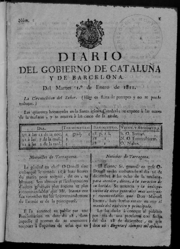 Miniatura de Diario de Barcelona del martes 1 de enero de 1811