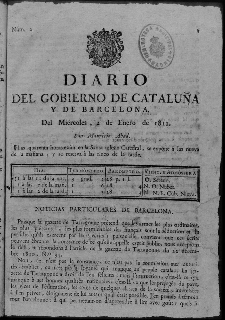 Miniatura de Diario de Barcelona del miércoles 2 de enero de 1811