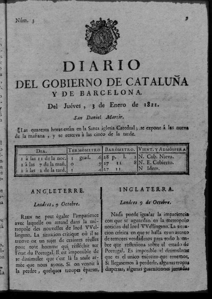 Miniatura de Diario de Barcelona del jueves 3 de enero de 1811
