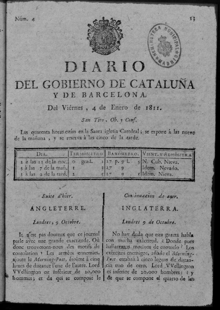 Miniatura de Diario de Barcelona del viernes 4 de enero de 1811