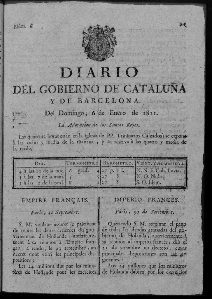 Miniatura de Diario de Barcelona del domingo 6 de enero de 1811