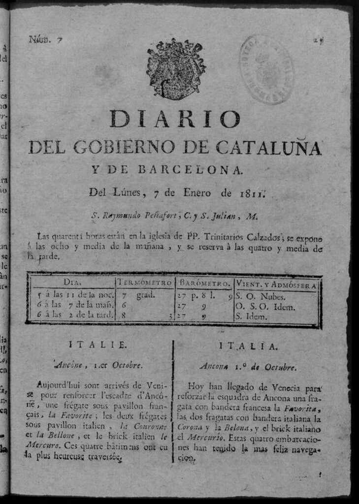 Miniatura de Diario de Barcelona del lunes 7 de enero de 1811