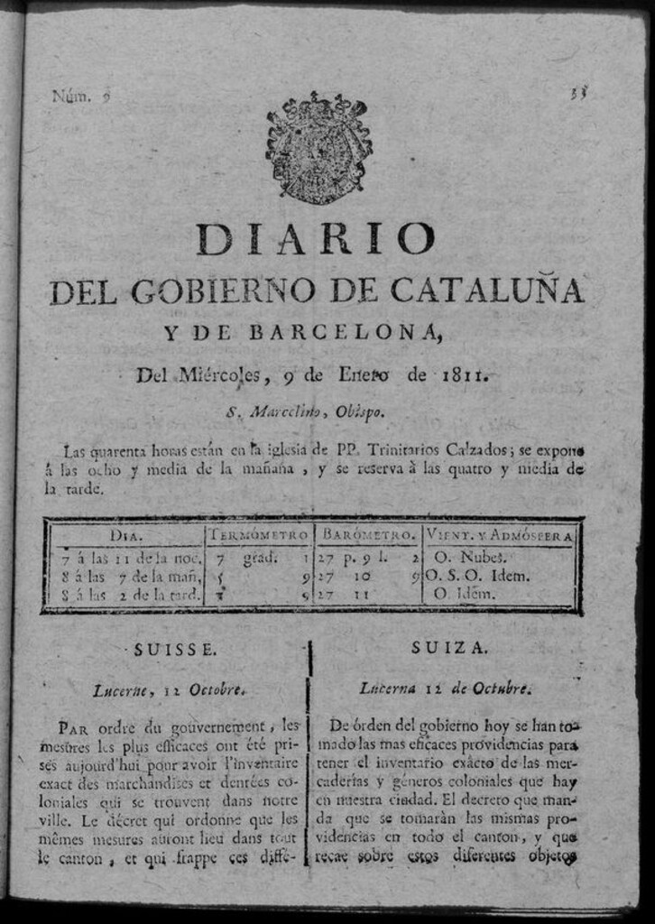 Miniatura de Diario de Barcelona del miércoles 9 de enero de 1811